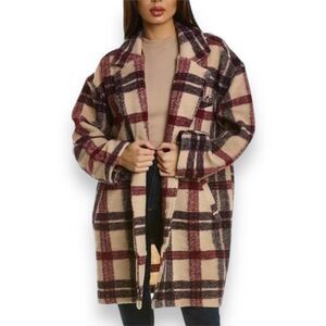 Blank‎ NYC Jacket WMNS M Cream Wool Blend Oversized Burgundy Plaid Trench Teddy